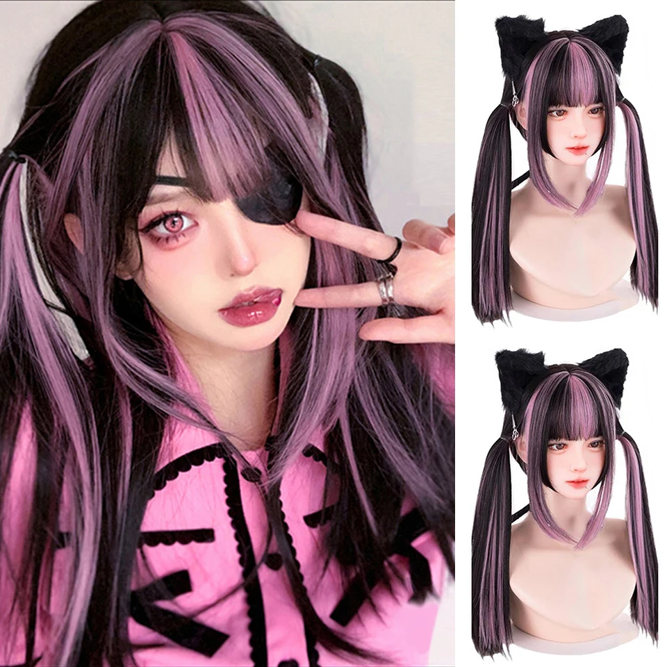 

Длинный черный смешанный с красным синтетическим париком, парик Лолиты для косплея в стиле Харадзюку с челкой, натуральные волнистые красные повседневные парики для Хэллоуина