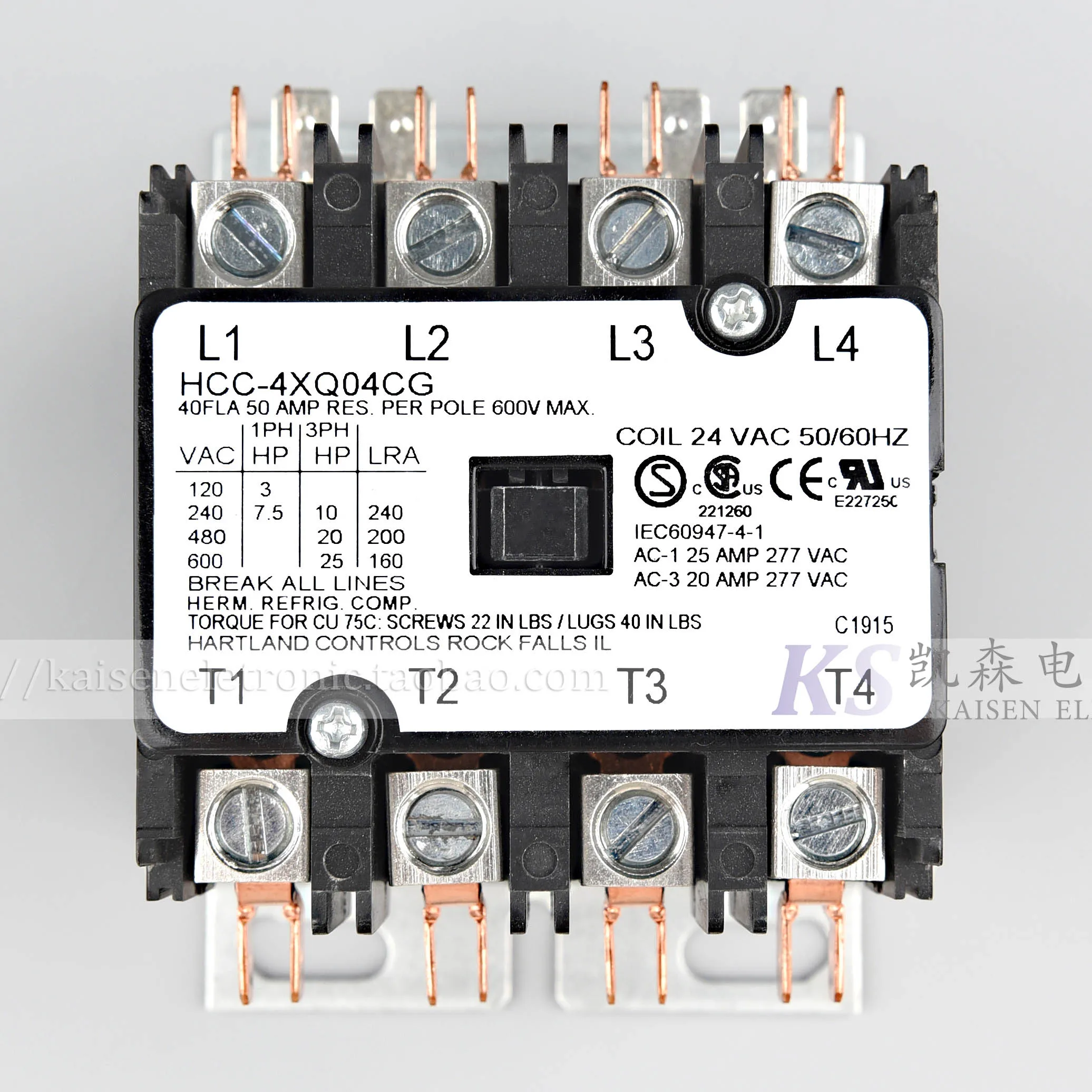 

24VAC 40A HCC-4XQ04CG Hartland Controls UL CSA Four pole AC contactor