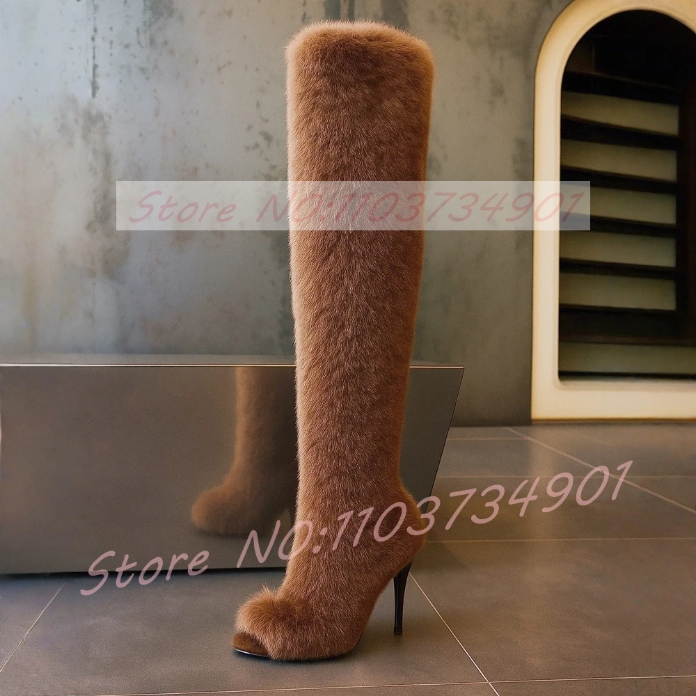 Open Toe Over The Knee Boots Women Big Size Fashion Slip-On Fluffy Fur Warm Comfortable High Heels Shoes Lady Nifty Sexy Boots