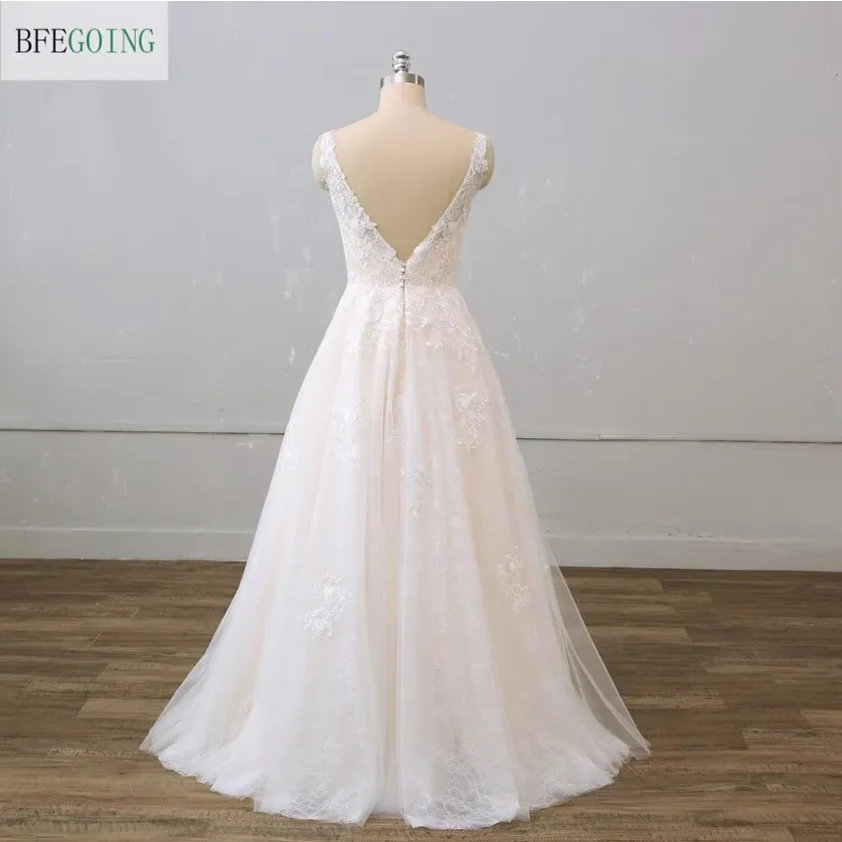 Lace A-Line Wedding Dresses Customized Floor-Length V-Neck Sleeveless Layered Skirt Bridal Gowns