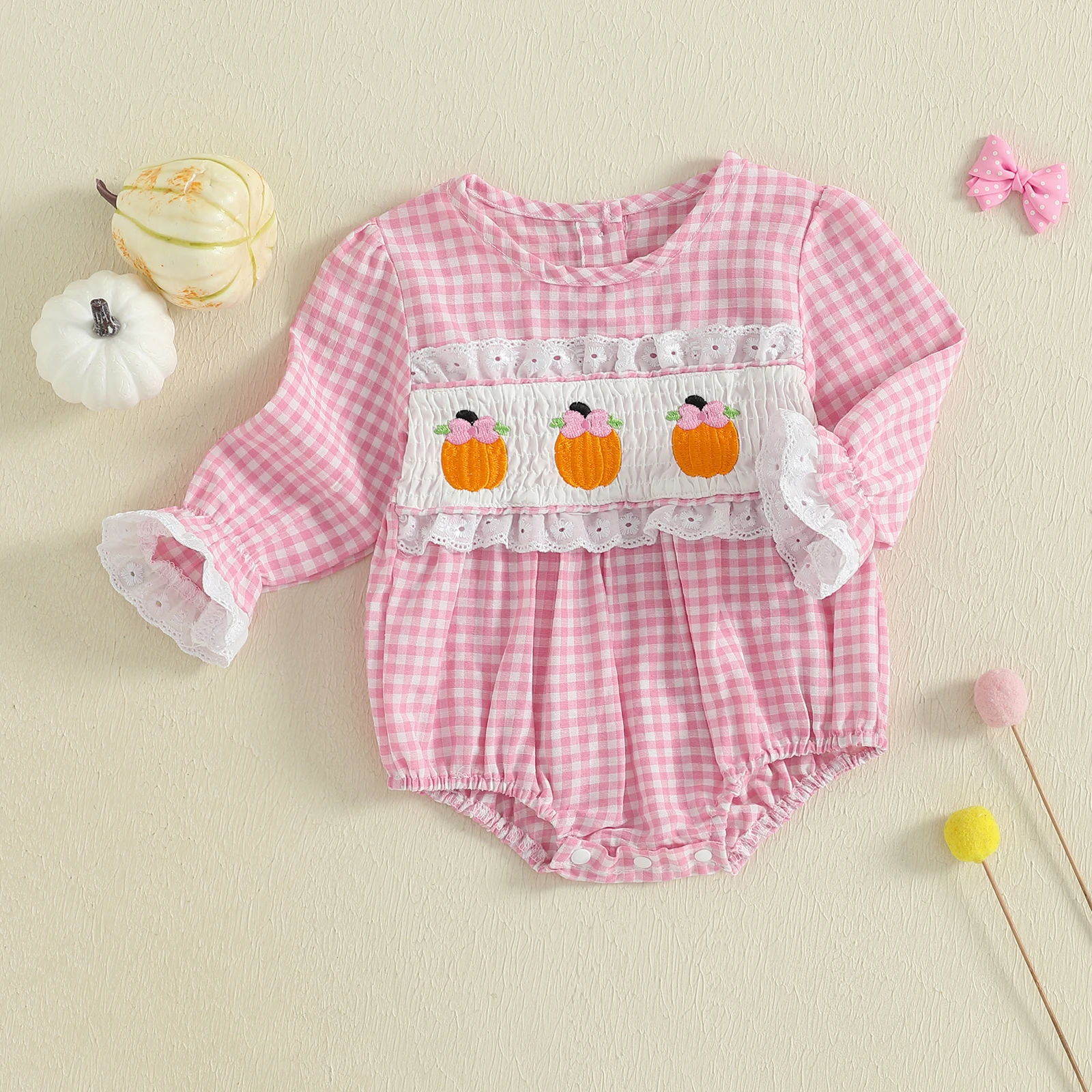 

Tregren 0-18M Infan Baby Girl Halloween Bodysuit Long Sleeve Plaid Print Smocked Romper Newborn Fall Playsuit