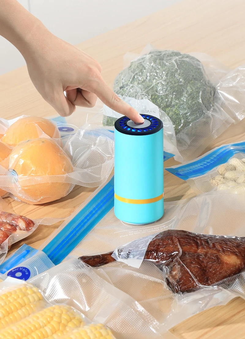 Bomba selladora al vacío eléctrica de mano, bolsas Sous Vide recargables por USB sin BPA, juego de bolsas reutilizables con cremallera para almacenamiento de alimentos, 5 uds.