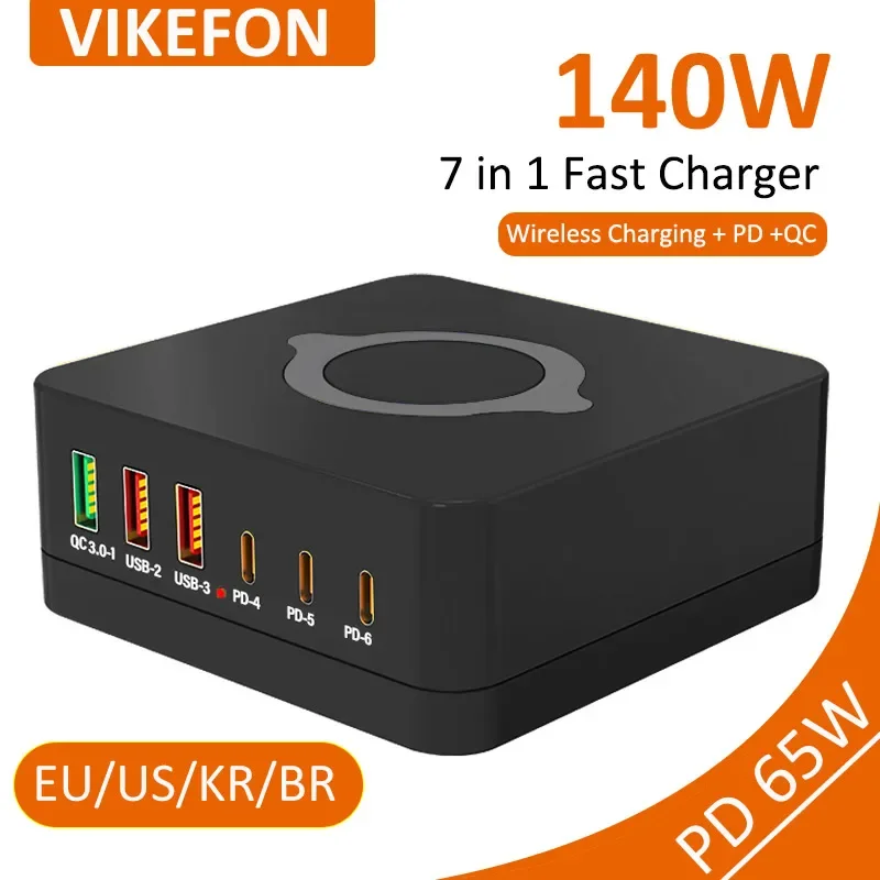 140W GaN Charger Desktop Wireless Charger USB Type C Charger Station PD 100W PPS 45W QC4.0 Fast Charging For Laptop Tablet Phone