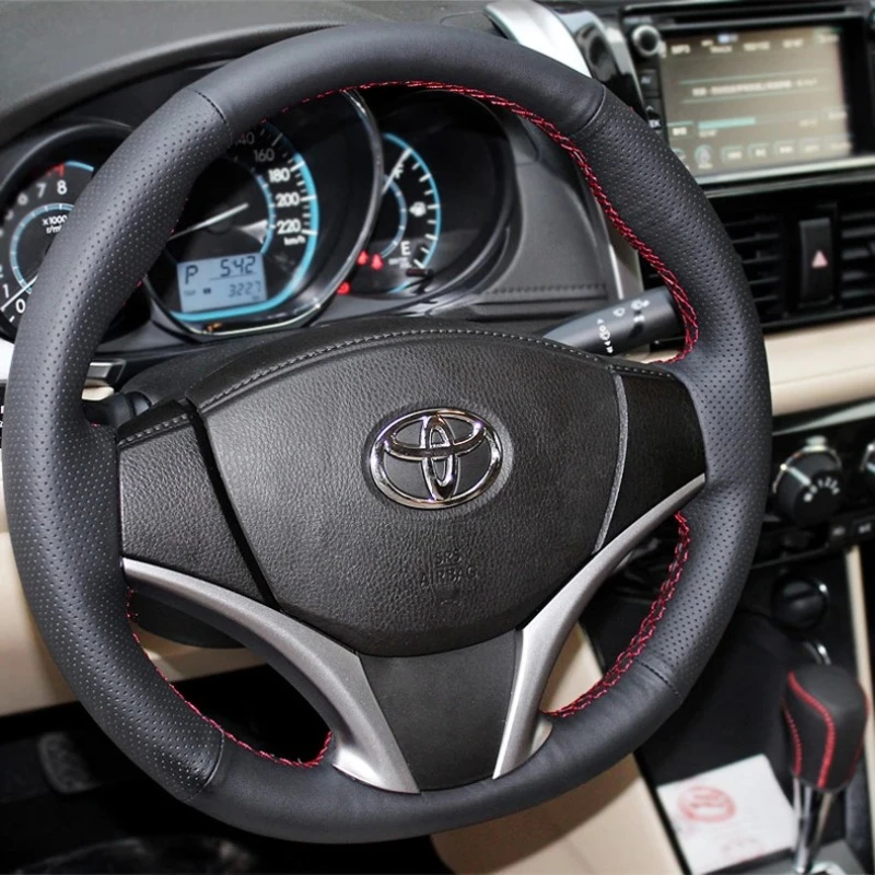 For Toyota Yaris Vios 2014 2015 2016 Hand-stitched Black Nappa leather non-slip car steering wheel cover