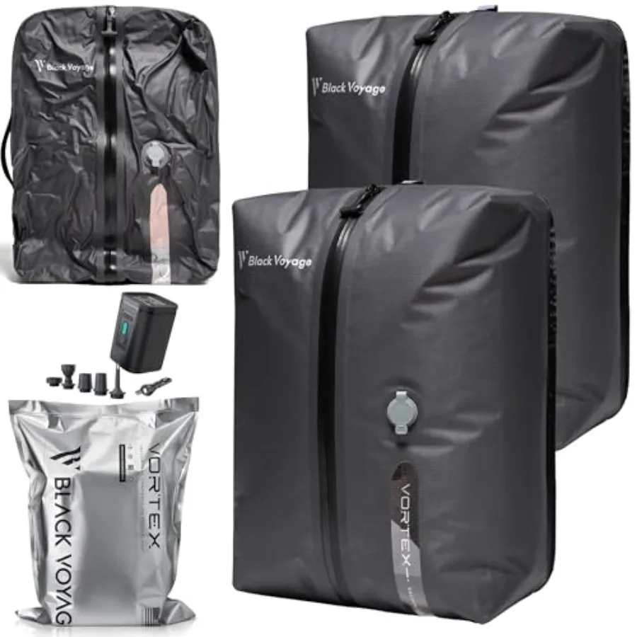 

Travel bag for carry-on suitcase and backpack, recycled IP67 waterproof material, black, vacuum compression space saver with pu