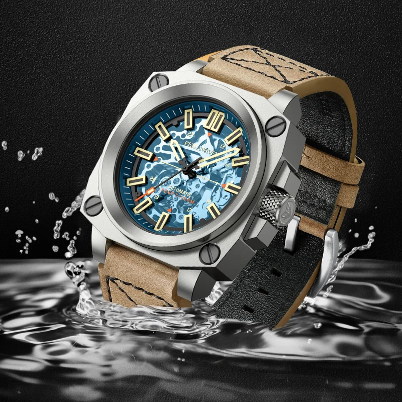 FeelNever Mechanical Man Watch Brand Casual Sports Leather Strap Automatic Watches for Men 100M Waterproof Luminous Wristwatches