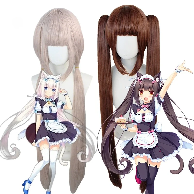 Anime Nekopara Chocola Vanilla Cosplay Wig Long Brown Two Pigtail Chocolate Wig Pink Vanilla Cosplay Halloween Costume Party Wig