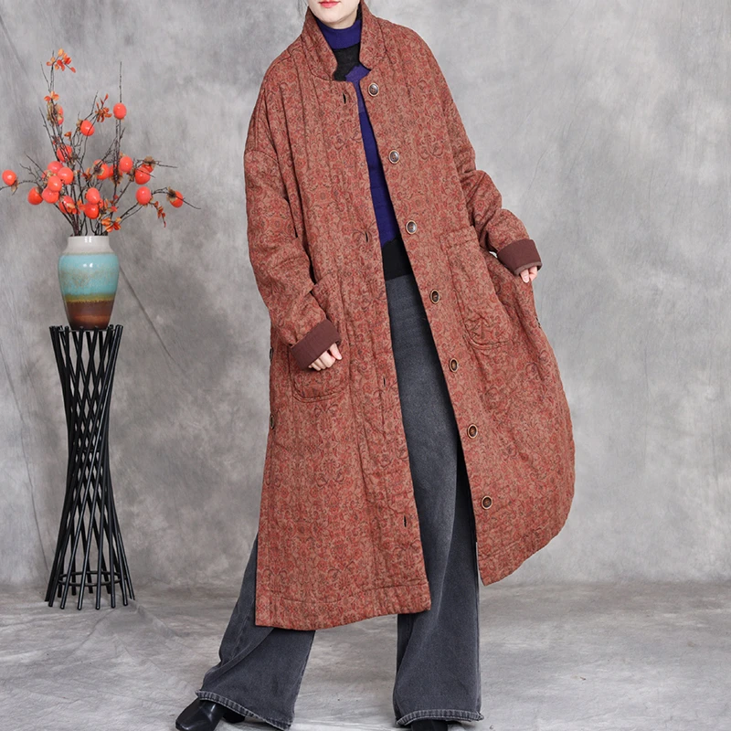 سترات نسائية سميكة من Wram وصلت حديثًا معاطف طويلة شتوية عتيقة موديل 2025 مطبوعة بالزهور معاطف طويلة فضفاضة على شكل حرف a للسيدات M2035