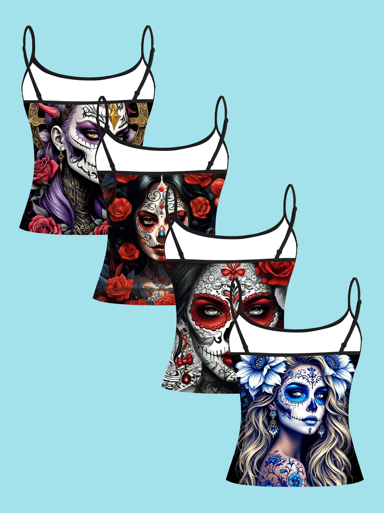 4-Piece Set of Day of the Dead Sugar Skull Women's Camisoles with Mexican Rose Painted Portrait Print, Thin Straps, Slim Fit Inner Wear