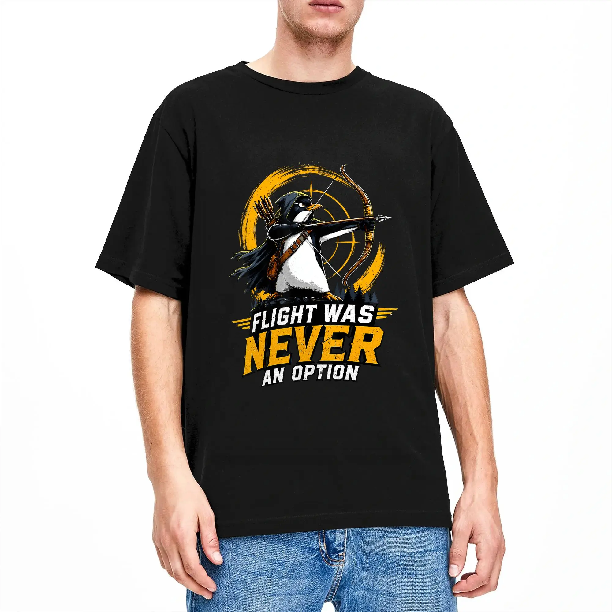 Men Flight was Never an Option Penguin Archery Humor T-Shirts  Cotton Tees Beach Vintage Short-Sleeve T-Shirt Hip Hop Tee Shirt