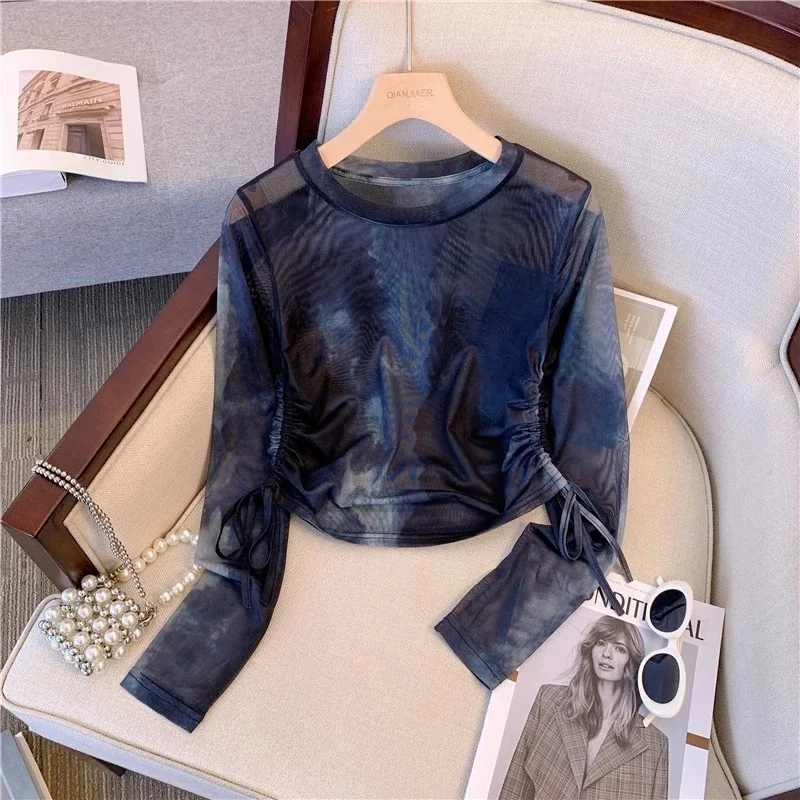 

Retro American Long Sve Pink Me Sun Protection T-irt Women's Spring Slim Design Lightweight Dstring Top