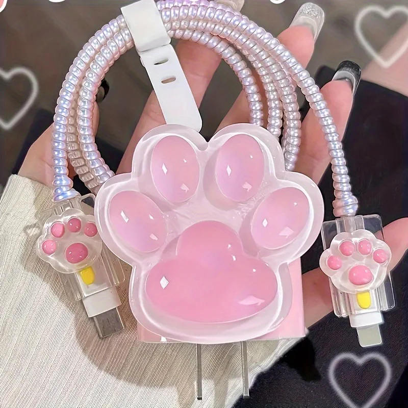 Pink Cute Cat Print 20W Fast Charging Cable Protector for iPhone - Protective Cover for Girls, Stylish Phone Accessory