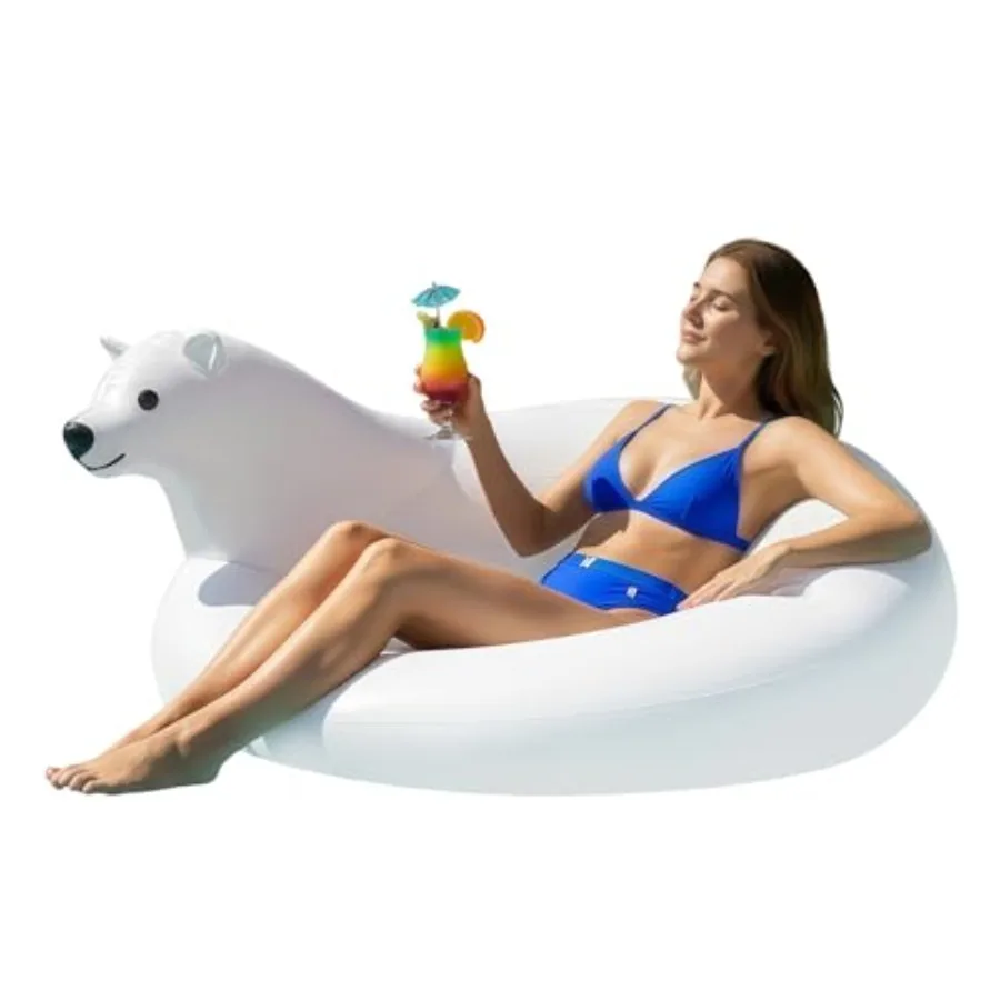 

Pool float for adults and kids, inflatable polar bear, white, heavy-duty drop-stitch construction with premium valve, portable