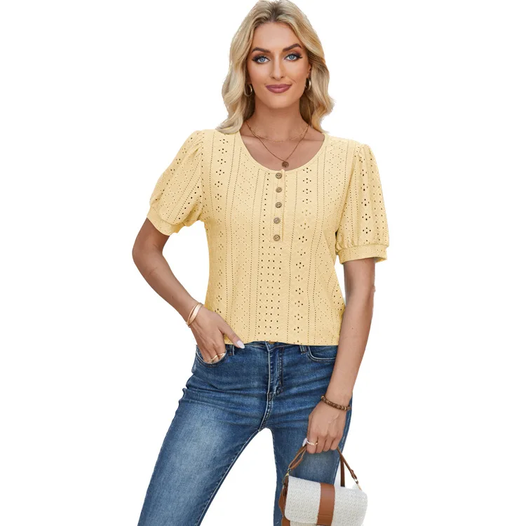 2024 New Women's Summer Blouse Button Round Neck Bubble Sleeve Loose Solid Color T-shirt Women's Summer Top Casual T-shirt