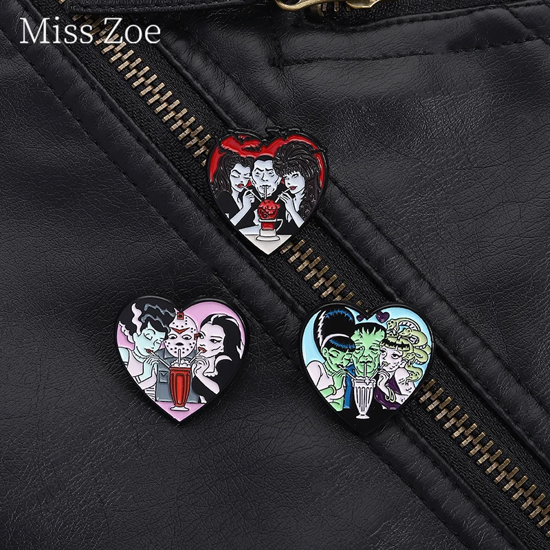Heart Shaped Horror Character Enamel Pins Mysterious And Strange Three Characters Brooches Backpack Badge Jewelry Bag Accessory