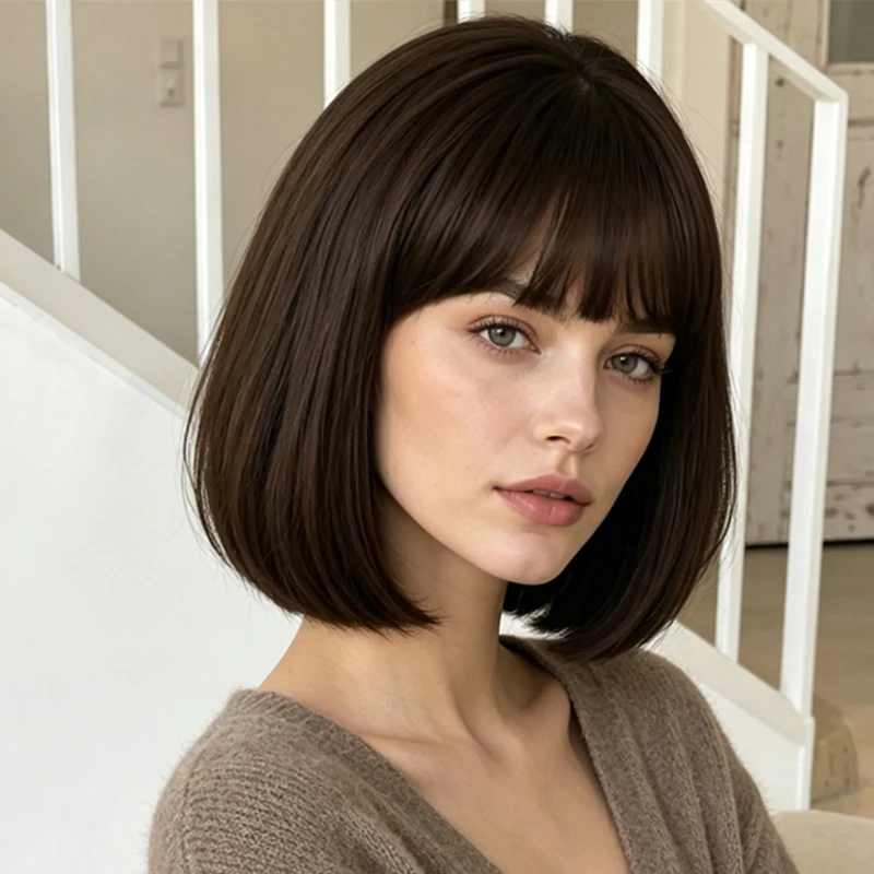 Women's everyday bob wig, 12 inches, dark brown, with airy bangs and synthetic hair strands, suitable for casual outings.