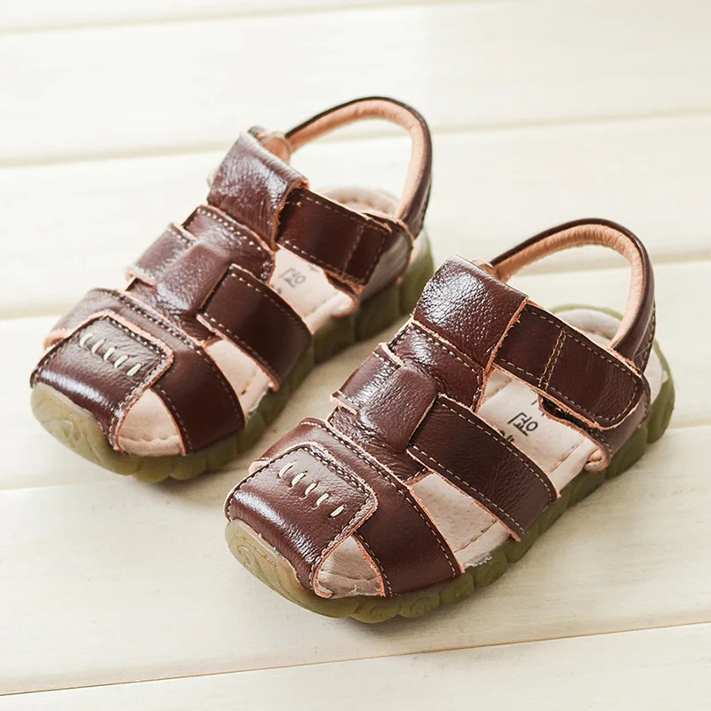 Children Genuine Leather Sandals Boys Cowhide Leather Beach Shoes Girls Quality Breathable Shoes Baby Soft Anti-kick Summer Shoe