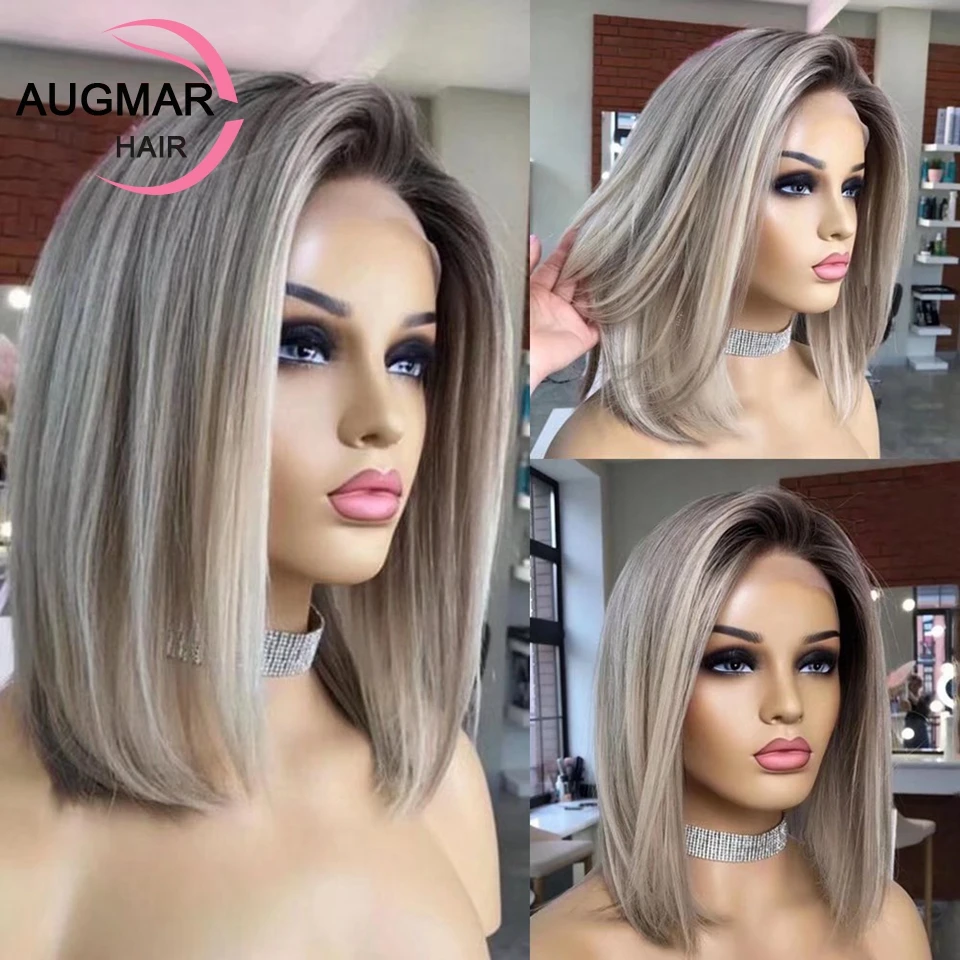 

13x4 Ash Grey Bob Human Hair Wigs Transparent 13x6 HD Lace Frontal Wig Short Brown Highlight Bob Wig Lace Front Human Hair Wigs