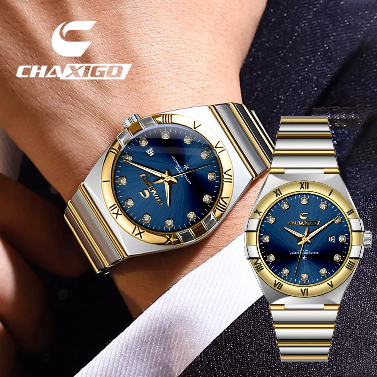 CHAXIGO Men's Business Stainless Steel Strap Watch with Luminous Hands, Mineral Glass, and 30-meter Water Resistance
