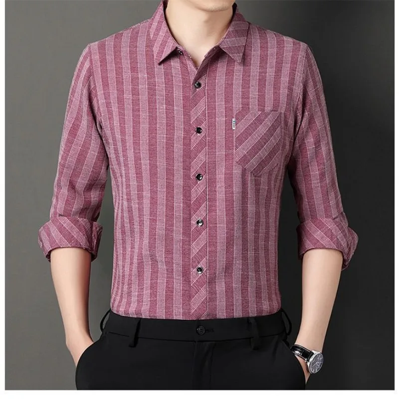 Spring Autumn New Turn-down Collar Men's Long Sleeved Cotton Shirt Stripe Casual Polo Top Button Cardigan Bottom Tops JJ845