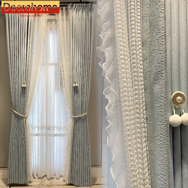 

Jacquard Lace Splicing Gray Milk Tea Chenille Curtains for Living Room Bedroom Bay Window Custom Embroidered Window Screen