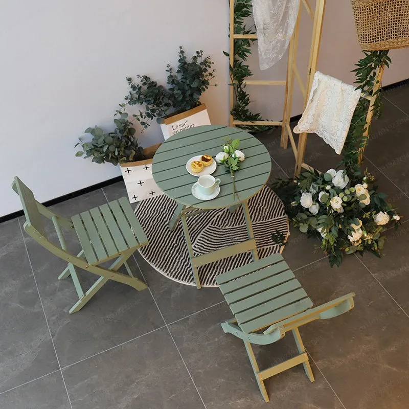 Folding Dining Table Solid Wood Installation-free Table and Chair Combination Portable Balcony Wooden Round Table Learning