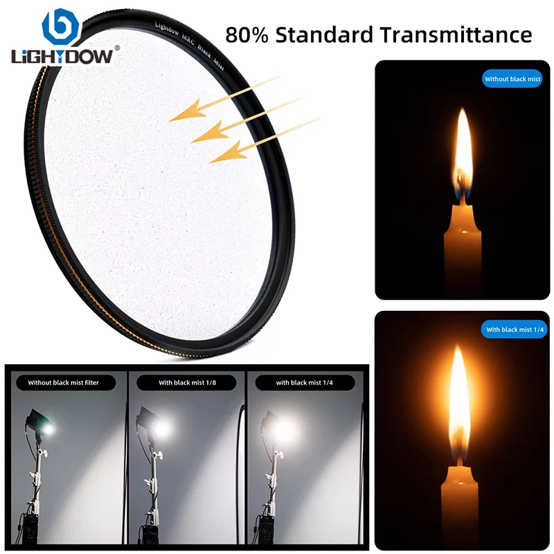 Lightdow Nero Filtro Obiettivo Di Diffusione Nebbia 1/2 1/4 1/8 Slim MRC 49MM 52 55 58 62 67 72 77MM 82MM per Canon Nikon Sony Fuji Camera