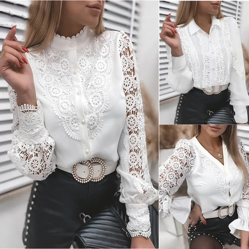 

Women Autumn Sexy White Lace Patchwork Shirt Blouse Long Sleeve O-Neck Mesh Tops 2024 Spring Elegant Hollow Out Shirts Pink