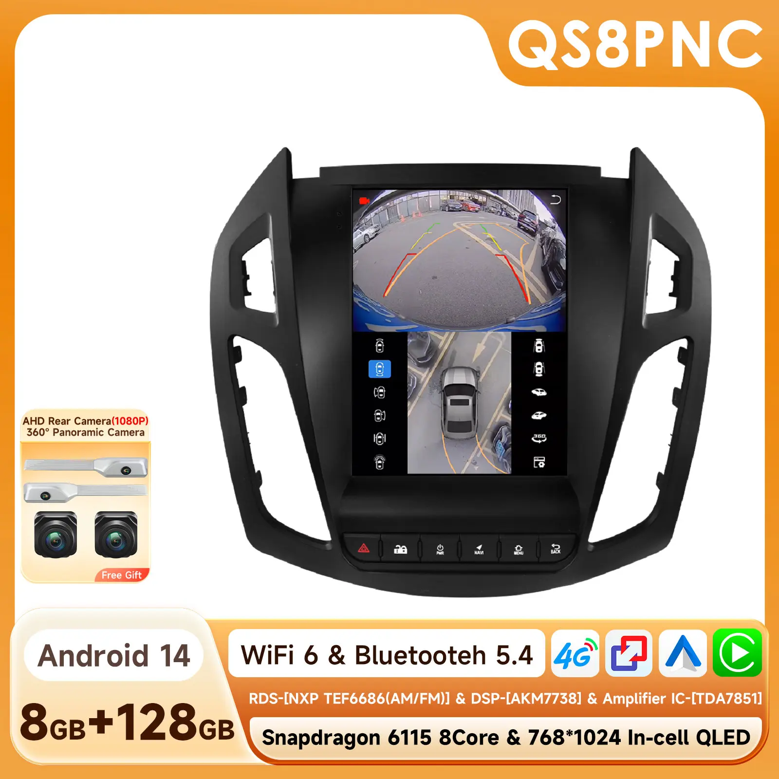 360Camera 9.7 inch 2Din Android 14 autoradio voor Ford Tourneo/Transit Connect 2013 - 2018 multimediasysteem Carplay autoradio
