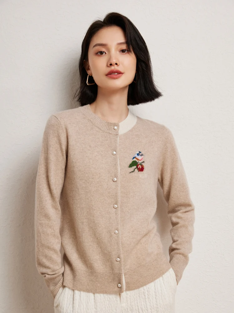 

Женский вязаный кардиган из 100% мериносовой шерсти с узором люка, осень-зима, кашемировый свитер с круглым вырезом и длинными рукавами, толстые мягкие топы