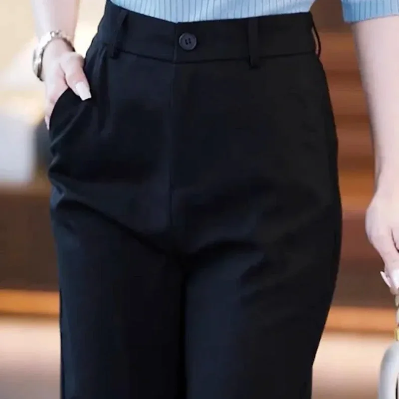 Women\'s Clothing Spring Autumn Solid Color Button Zipper High Waist Pockets Casual Formal Trouser Suits Trousers Commuter Pants