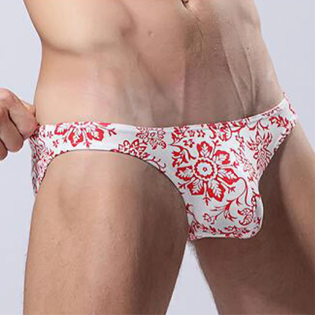 Men Cotton Briefs Sexy Thong Bikini Print G-String Underwear Push UP Hips Panties T-Back Soft Bulge Pouch Underpants