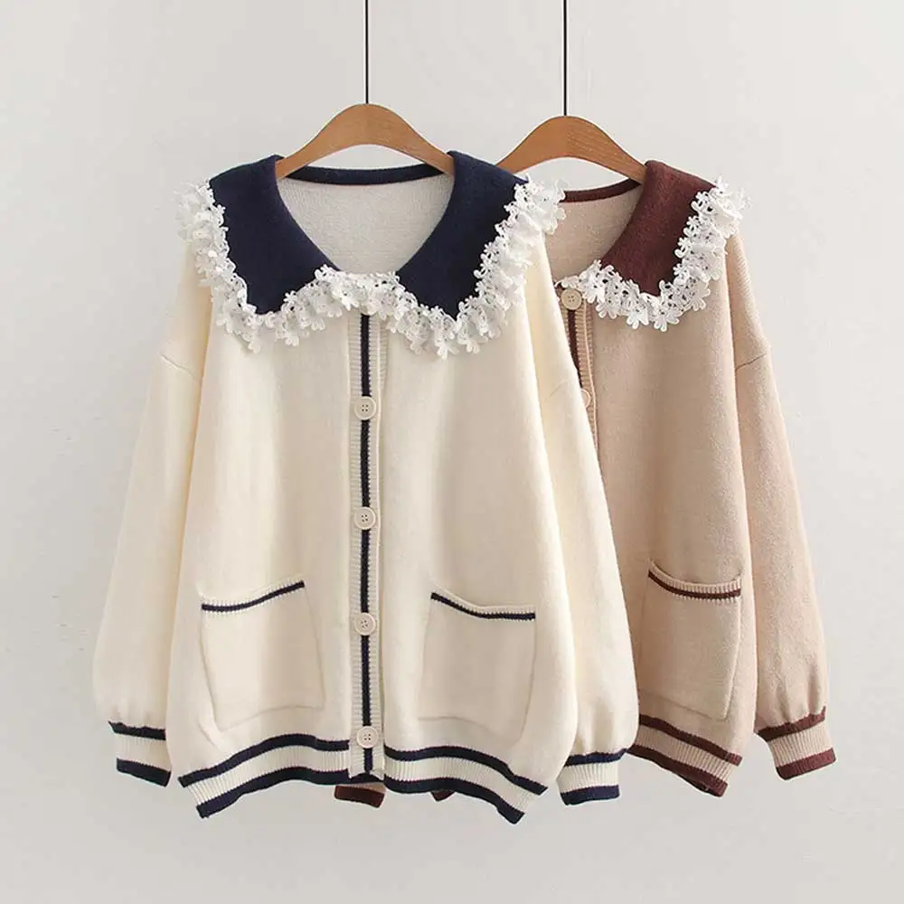 

Японский винтажный вязаный свитер с цветочной аппликацией для девочек Mori, женский кардиган в консервативном стиле с матросским воротником и длинными рукавами, повседневная верхняя одежда