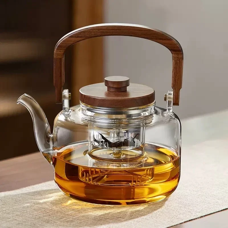 Large Capacity 1300ml Stove-boiled Tea Glass Teapot Wooden Beam Tea Kettle Brewing Oolong Teapot Herbal Health Flower Tea Maker