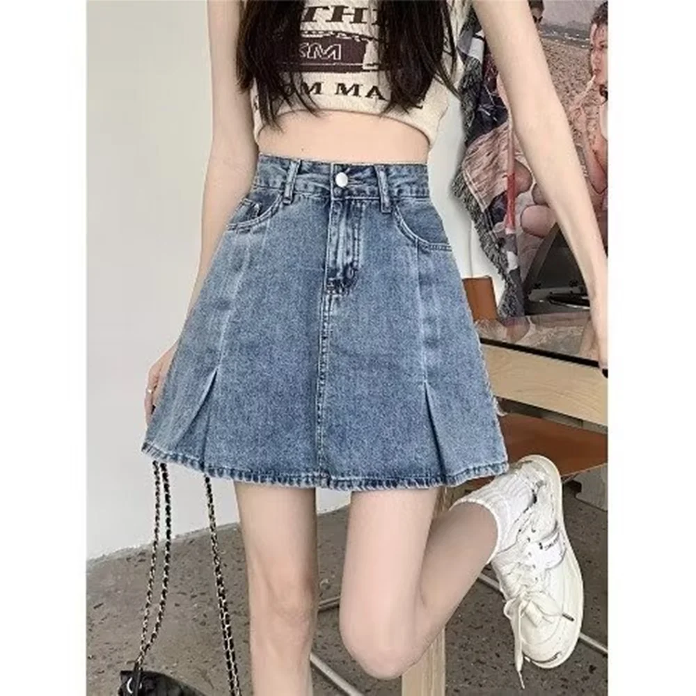 Nuova gonna corta in denim stile Hong Kong per donna in estate, ragazza calda con vita alta e effetto snellente, mezza gonna a trapezio versa
