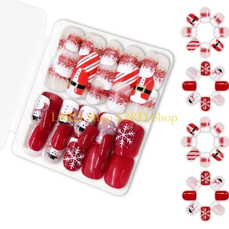 L8RD 48Pcs Holiday Themed Snowman Snowflake Wearable Press on Manicure