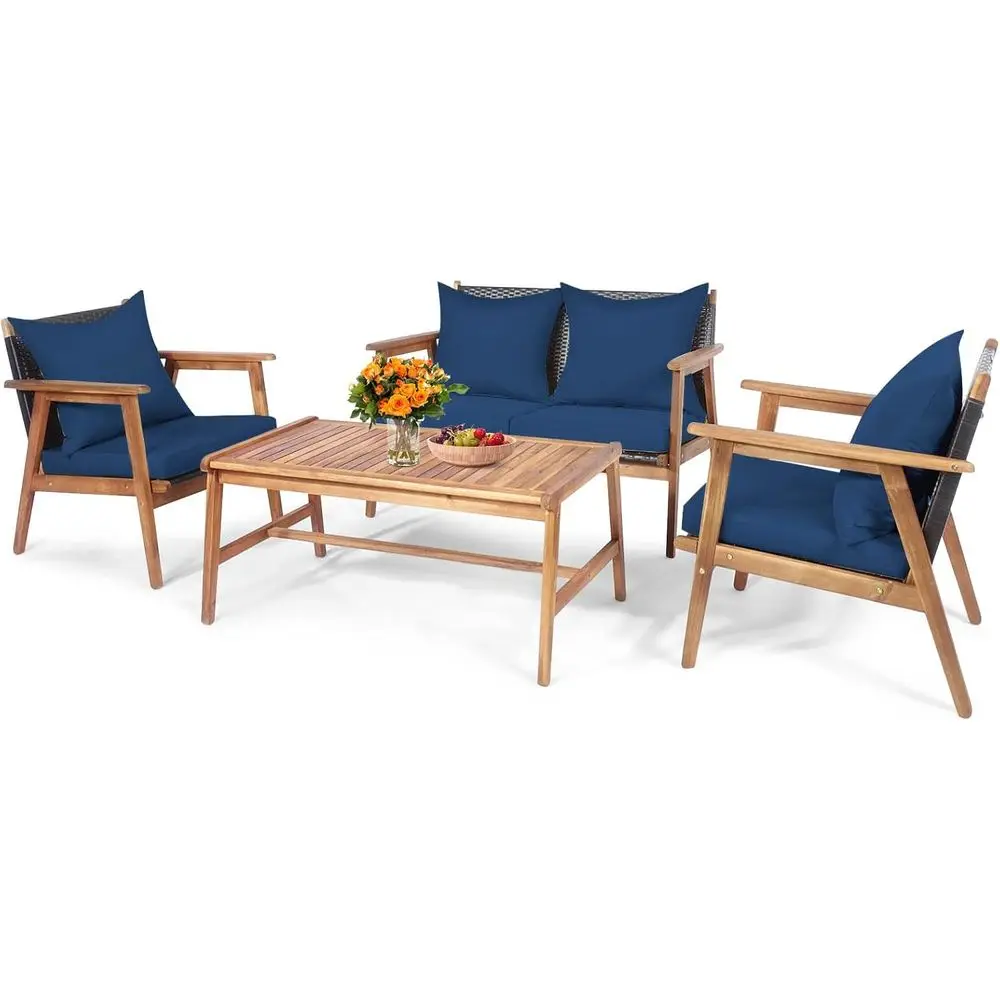 

Комплект садовой мебели из 4 предметов из акации с подушками и кофейным столиком, идеально подходит для сада, у бассейна и на заднем дворе, цвет темно-синий