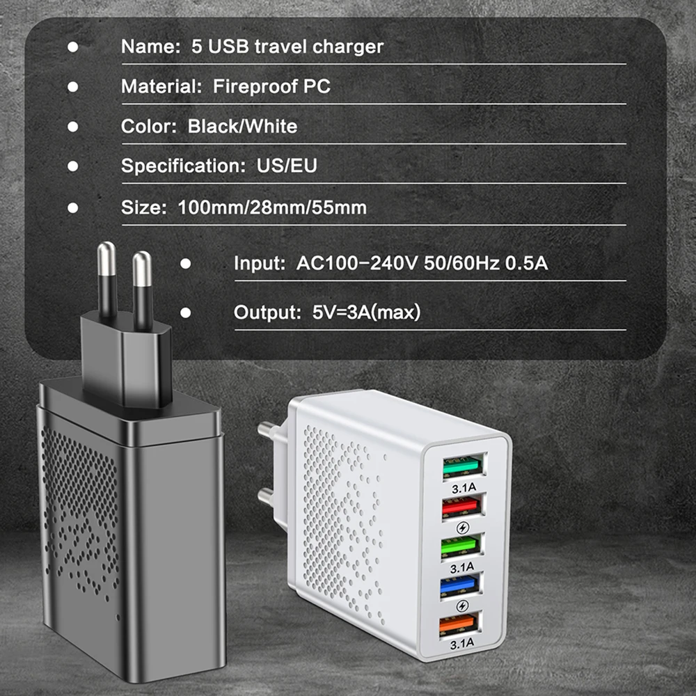 5 Ports USB Charger Mobile Phone Charger Quick Charge3.0 for iPhone Xiaomi Huawei Tablet Universal Adapter Portable Fast Charger