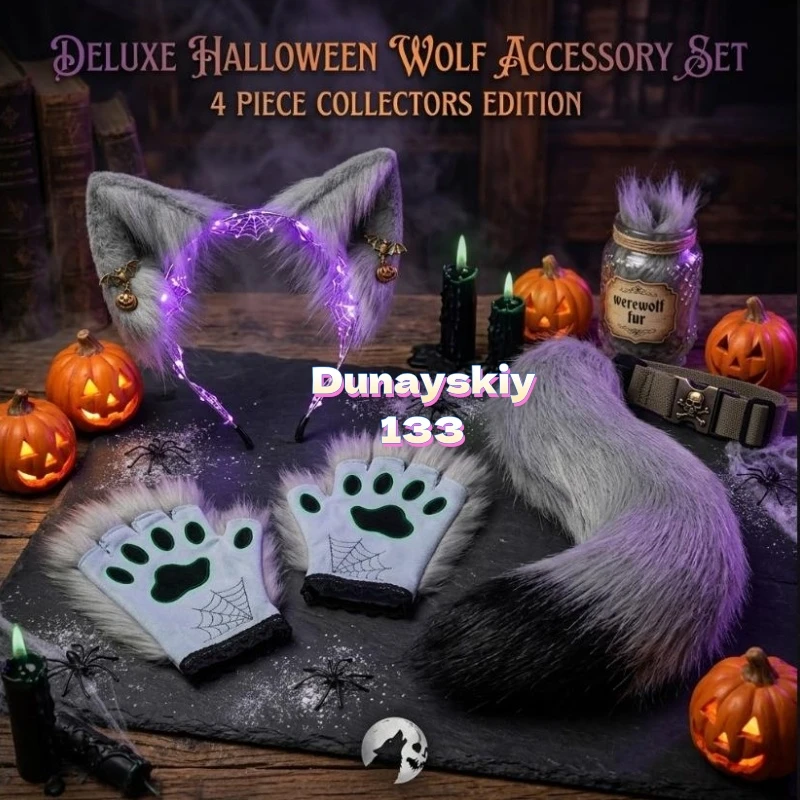 

Аниме-косплей: Набор из искусственного меха (волчьи, лисьи, кошачьи ушки), пушистый хвост и регулируемый кожаный чокер для тематических мероприятий