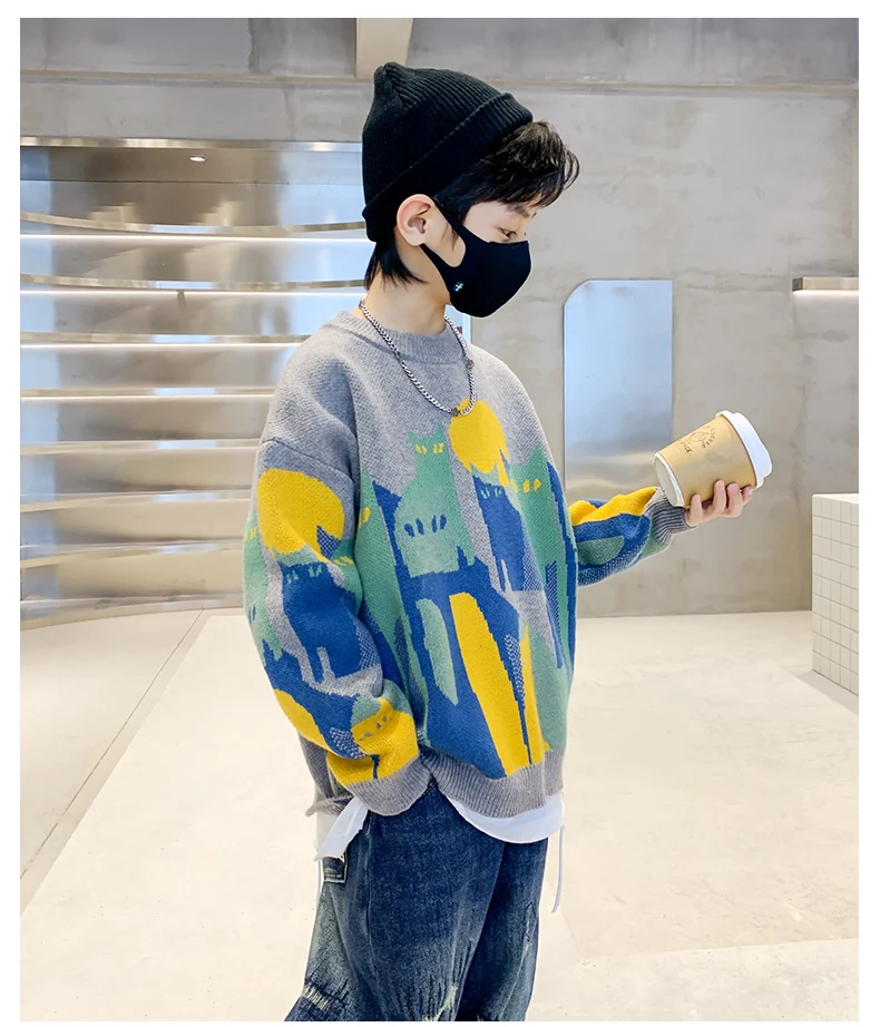 Herbst-Winter Jungen Pullover Sweater für Teenager 5-14 Jahre Cartoon-Katzenmuster Strickwaren Kleidung Kinder Schule Langarm Weicher Pullover – Detail 6