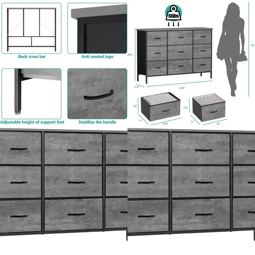 

Комод для спальни с 9 ящиками, современная широкая консоль для телевизора, тканевый шкаф для хранения, серый комод для детской комнаты