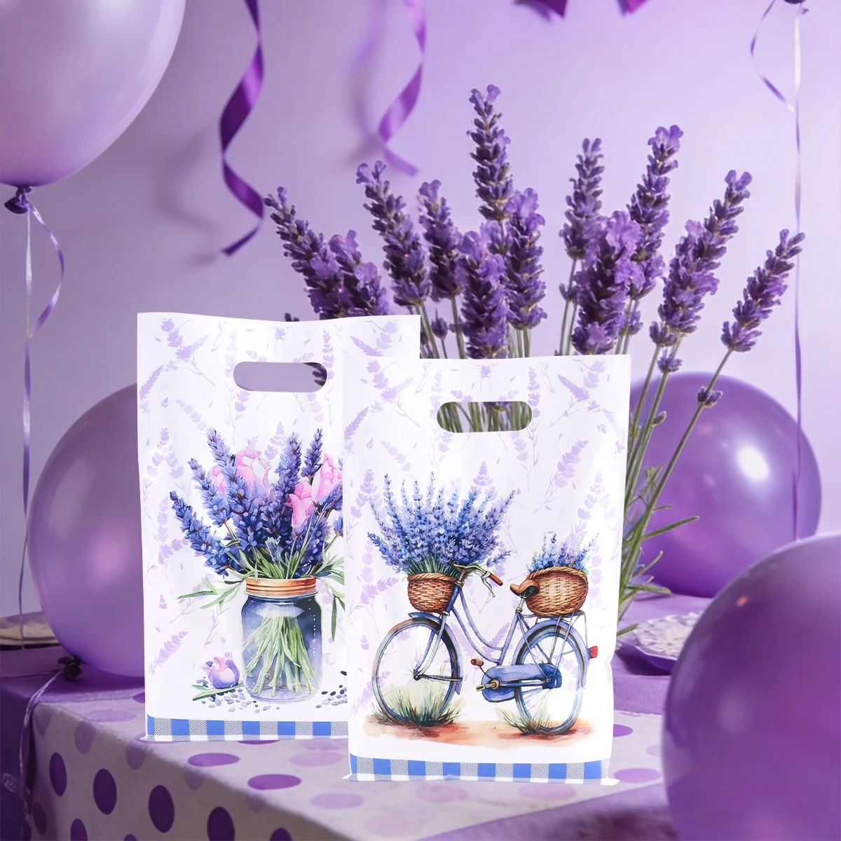 10/20/50 Stück Frühlings-Lavendelblüten Fahrrad-Geschenktüten Plastik-Kekstüten für 1. Geburtstag Hochzeit Party-Zubehör – Detail 6
