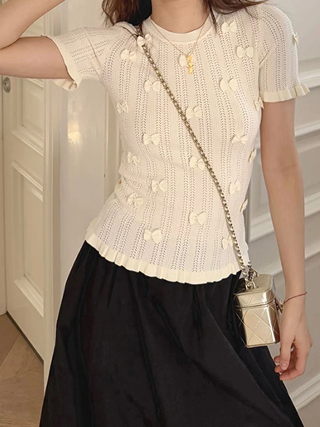 

Ele round Ne Knitwear Women's Faion Pearl Knot Decoration Hollow out Slim Fit Sle Spring Summer Top