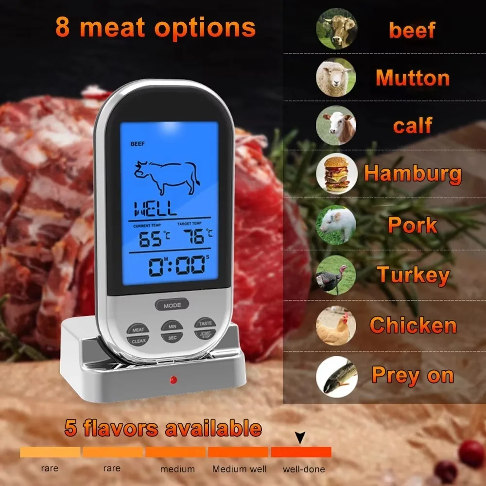 Silver Wireless Digital Meat Thermometer with Timer Alarm with Probe BBQ Thermometer Remote Temperature Control Food Thermometer