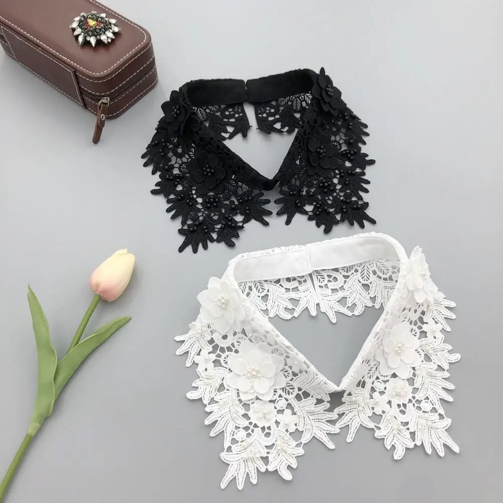 Detachable Collar Embroidered Flower Lapel Collar Enhancer for Women Formal Uniform Shirt Extension Fake Collar with Solid Color