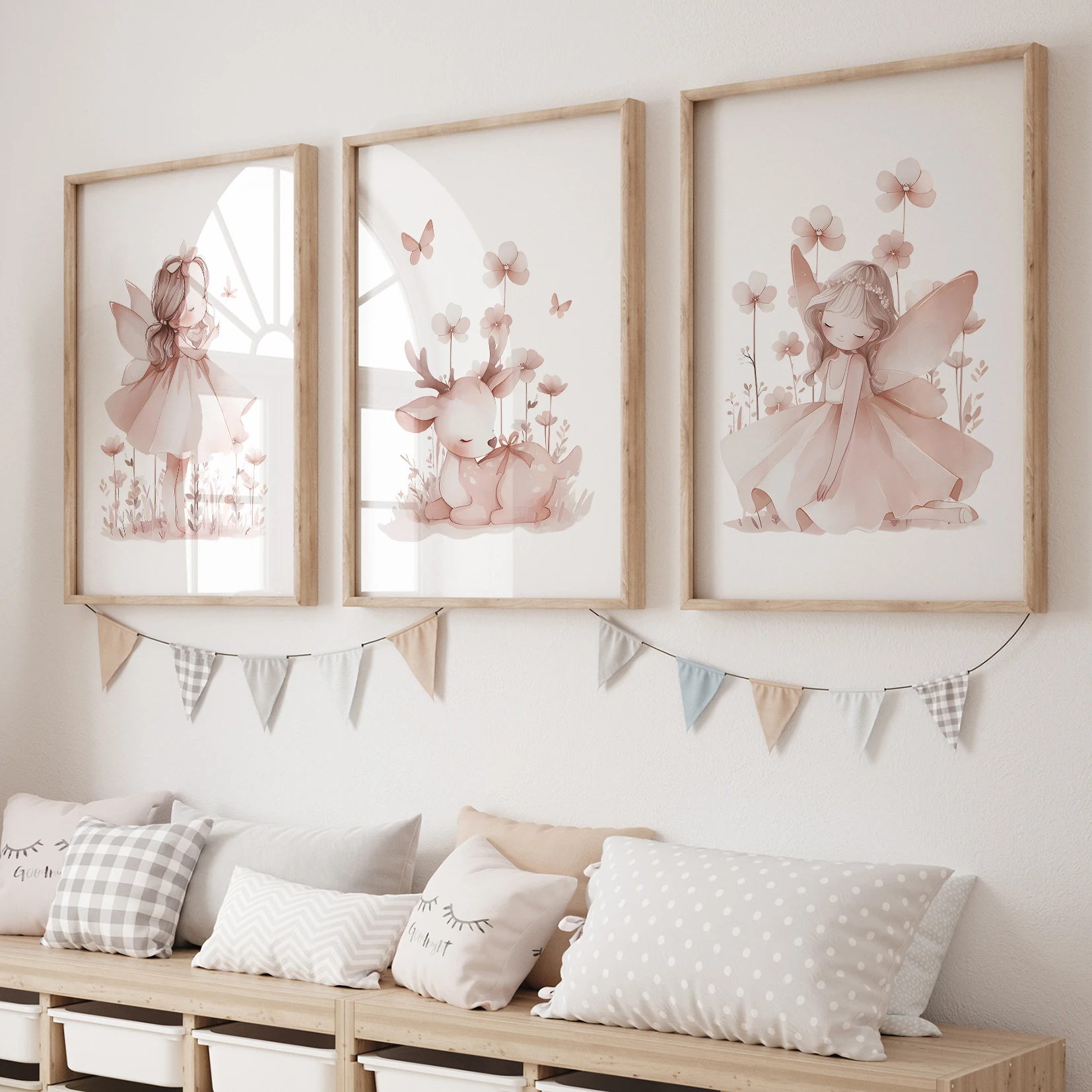 3 stücke Cartoon Kinder Rosa Fee Sika Deer Wand Kunstdrucke Leinwand Malerei Poster Bild Für Wohnzimmer Wohnkultur
