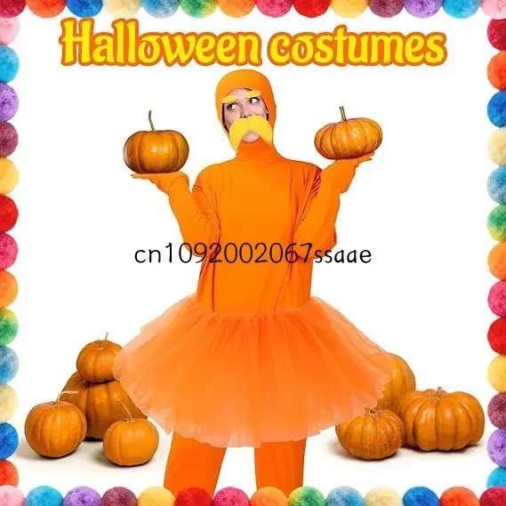 Disfraz de Halloween Unisex de Spandex, Traje Invisible de Cuerpo Entero, Color Naranja Sólido, Mono Casual con Bigote y Cejas Amarillos, Nuevo