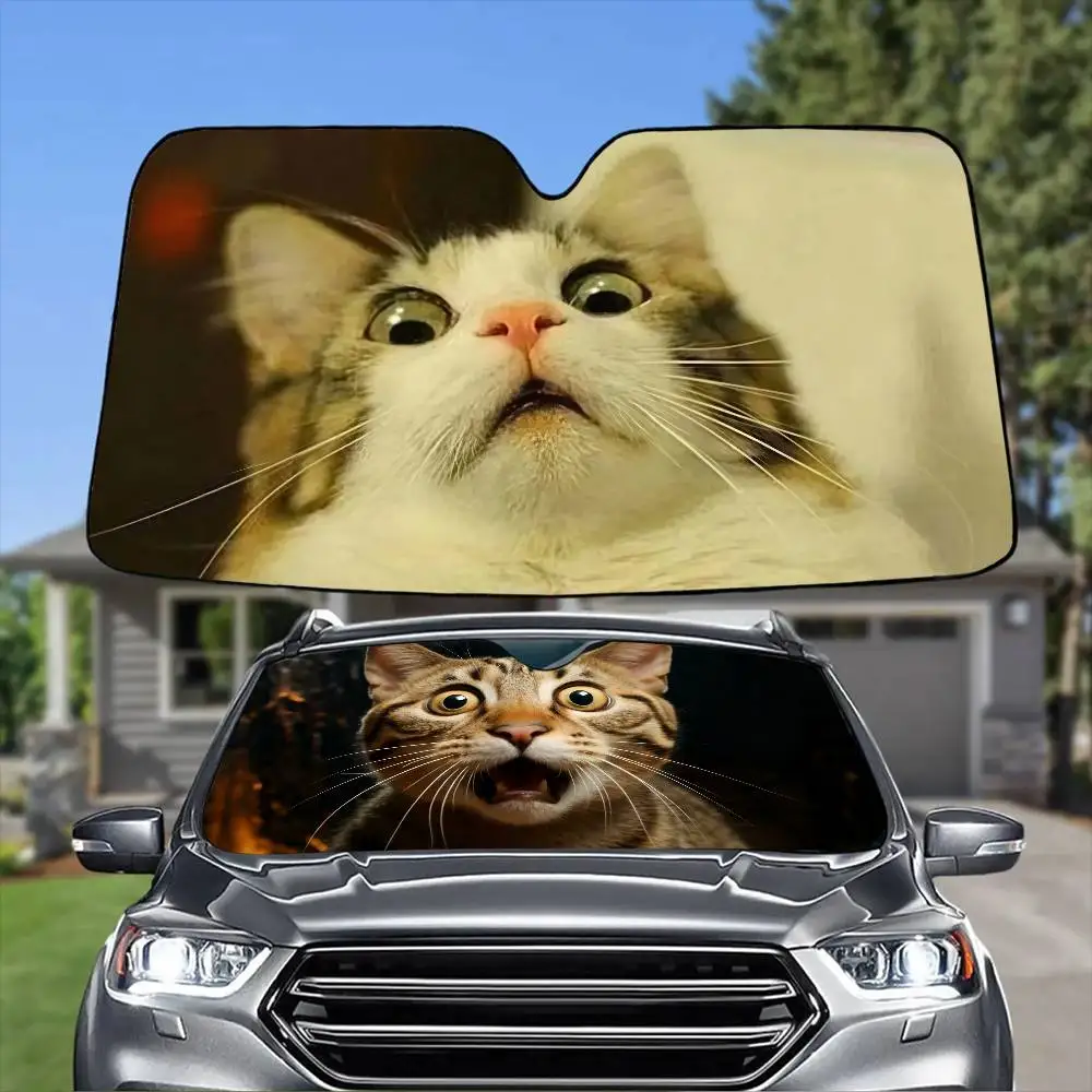 Funny Startled Cat Car SunShade Windshield Anti-UV Protection Front Shade Attachment Sun Visor Protective Cover