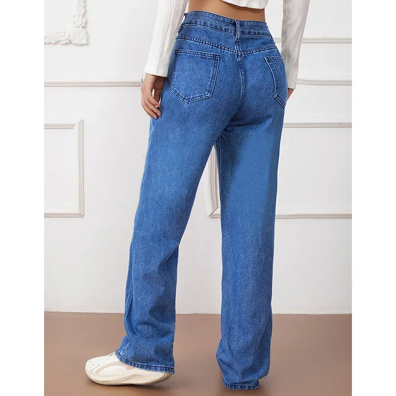 المرأة الكلاسيكية فضفاض مستقيم الساق الجينز الإناث الكورية عالية الخصر رقيقة سراويل جينز الفتيات الكورية موضة السراويل الطويلة الزرقاء #4