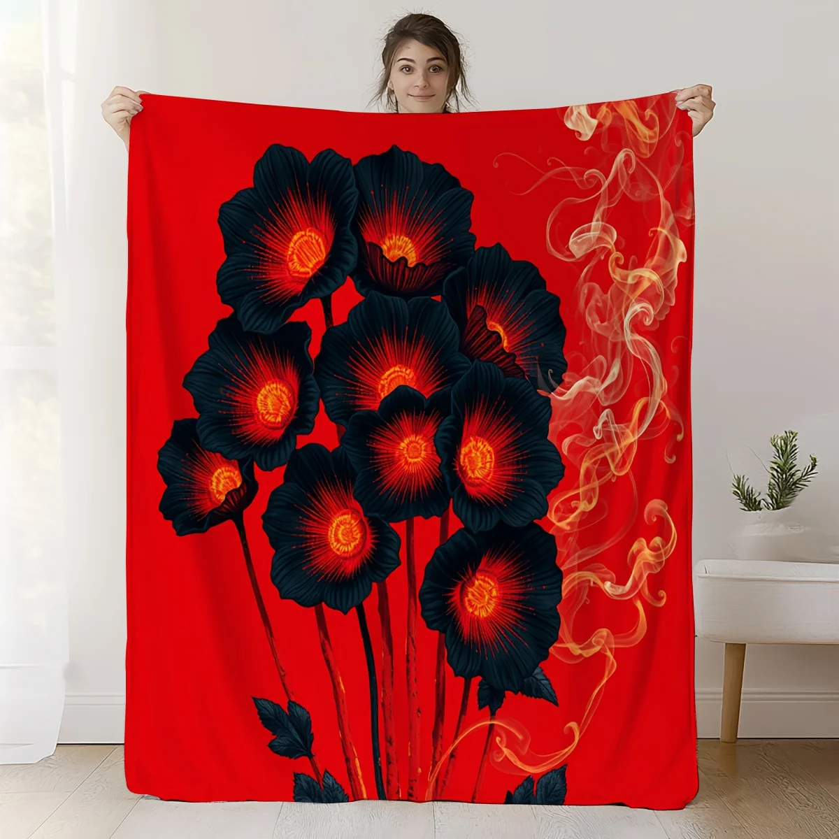 

Потрясающее красно-черное одеяло с цветочным принтом, мягкий уютный дизайн с рисунком мака — идеально подходит для домашнего декора, дивана, кровати или подарка